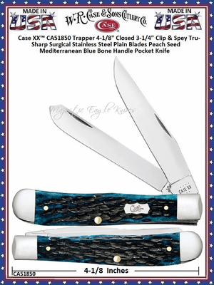 W.R. Case & Sons Cutlery CA51850 Case XX� Peach Seed Mediterranean Blue Bone Handle 4-1/8" Closed Trapper  Tru-Sharp Stainless Pocket Knife