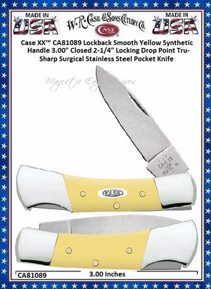 W.R. Case & Sons Cutlery CA81089 Case XX� Lockback Smooth Yellow Synthetic Handle 3.00" Closed 2-1/4" Locking Drop Point Tru-Sharp Surgical Stainless Steel Pocket Knife