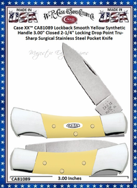 W.R. Case & Sons Cutlery CA81089 Case XX� Lockback Smooth Yellow Synthetic Handle 3.00" Closed 2-1/4" Locking Drop Point Tru-Sharp Surgical Stainless Steel Pocket Knife