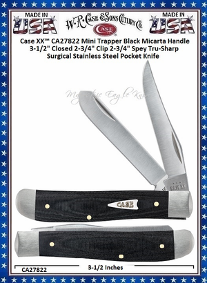 W.R. Case & Sons Cutlery CA27822  Case XX� Mini Trapper Black Micarta Handle 3-1/2" Closed 2-3/4" Clip 2-3/4" Spey Tru-Sharp Surgical Stainless Steel Pocket Knife