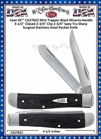 W.R. Case & Sons Cutlery CA27822  Case XX� Mini Trapper Black Micarta Handle 3-1/2" Closed 2-3/4" Clip 2-3/4" Spey Tru-Sharp Surgical Stainless Steel Pocket Knife