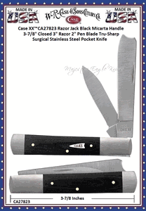 W.R. Case & Sons Cutlery CA27823 Case XX� Razor Jack Black Micarta Handle 3-7/8" Closed 3" Razor 2" Pen Blade Tru-Sharp Surgical Stainless Steel Pocket Knife