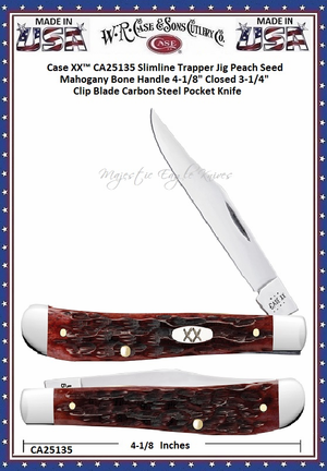 W.R. Case & Sons Cutlery CA25135 Case XX� Slimline Trapper Jig Peach Seed Mahogany Bone Handle 4-1/8" Closed 3-1/4" Clip Blade Carbon Steel Pocket Knife