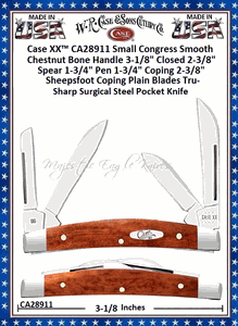  W.R. Case & Sons Cutlery CA28911 Case XX�Small Congress Smooth Chestnut Bone Handle 3-1/8" Closed 2-3/8" Spear 1-3/4" Pen 1-3/4" Coping 2-3/8" Sheepsfoot Coping Tru-Sharp Surgical Stainless Steel Pocket Knife