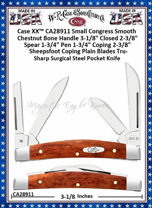  W.R. Case & Sons Cutlery CA28911 Case XX�Small Congress Smooth Chestnut Bone Handle 3-1/8" Closed 2-3/8" Spear 1-3/4" Pen 1-3/4" Coping 2-3/8" Sheepsfoot Coping Tru-Sharp Surgical Stainless Steel Pocket Knife