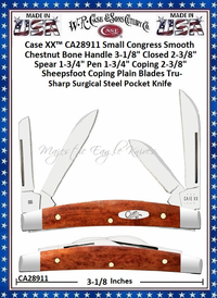  W.R. Case & Sons Cutlery CA28911 Case XX�Small Congress Smooth Chestnut Bone Handle 3-1/8" Closed 2-3/8" Spear 1-3/4" Pen 1-3/4" Coping 2-3/8" Sheepsfoot Coping Tru-Sharp Surgical Stainless Steel Pocket Knife