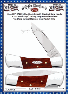 W.R. Case & Sons Cutlery CA28912 Case XX� Lockback Smooth Chestnut Bone Handle 3.00 Closed 2-1/4" Locking Drop Point Plain Blade Tru-Sharp Surgical Stainless Steel Pocket Knife