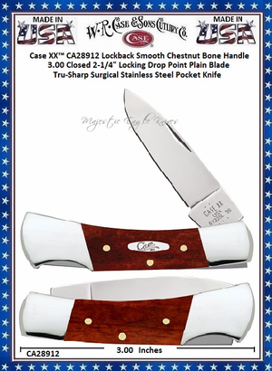 W.R. Case & Sons Cutlery CA28912 Case XX� Lockback Smooth Chestnut Bone Handle 3.00 Closed 2-1/4" Locking Drop Point Plain Blade Tru-Sharp Surgical Stainless Steel Pocket Knife