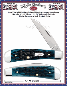 W.R. Case & Sons Cutlery CA51856 Case XX� Pocket Worn Peach Seed Mediterranean Blue Bone Handle Swayback Jack 3-1/8" Closed 2-1/4" Wharncliffe Plain Blades Tru-Sharp Surgical Stainless Steel Pocket Knife