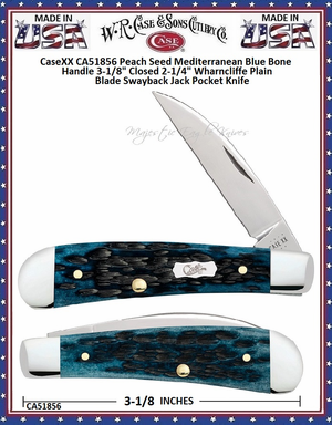 W.R. Case & Sons Cutlery CA51856 Case XX� Pocket Worn Peach Seed Mediterranean Blue Bone Handle Swayback Jack 3-1/8" Closed 2-1/4" Wharncliffe Plain Blades Tru-Sharp Surgical Stainless Steel Pocket Knife