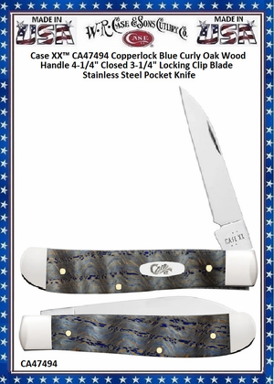 W.R. Case & Sons Cutlery CA47494 Case XX� Copperlock Blue Curly Oak Wood Handle 4-1/4" Closed 3-1/4" Locking Clip Blade Stainless Steel Pocket Knife