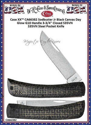 W.R. Case & Son's Cutlery CA66382 Case XX™ Sodbuster Jr Black Canvas Day Glow G10 Handle 3-3/4" Closed S35VN Steel Pocket Knife W.R. Case & Son's Cutlery CA66382 Case XX™ Sodbuster Jr Black Canvas Day Glow G10 Handle 3-3/4" Closed S35VN Steel Pocket Knife