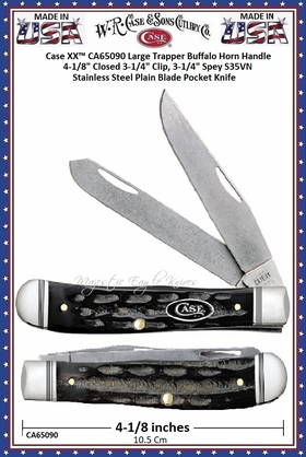 W.R. Case & Son's Cutlery CA65090 Case XX� Large Trapper Buffalo Horn Handle 4-1/8" Closed 3-1/4" Clip, 3-1/4" Spey S35VN Stainless Steel Plain Blade Pocket Knife