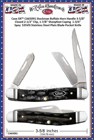 W.R. Case & Sons Cutlery CA65091 Case XX�  Stockman Buffalo Horn Handle 3-5/8" Closed 2-1/2" Clip, 1-7/8" Sheepfoot Coping  1-3/4" Spey  S35VN Stainless Steel Plain Blade Pocket Knife