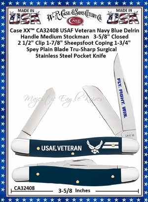  W.R. Case & Sons Cutlery CA32408 Case XX� USAF Veteran Medium Stockman Navy Blue Delrin Handle 3-5/8" Closed 2-1/2" Clip 1-7/8" Sheepsfoot Coping 1-3/4" Spey Plain Blades Tru-Sharp Stainless Steel Pocket Knife