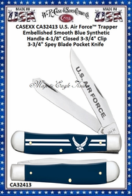 W.R. Case & Sons Cutlery CA32413 Case XX™ U.S. Air Force™ Trapper Embellished Smooth Blue Synthetic Handle 4-1/8" Closed 3-1/4" Clip 3-1/4" Spey Blade Pocket Knife W.R. Case & Sons Cutlery CA32413 Case XX™ U.S. Air Force™ Trapper Embellished Smooth Blue Synthetic Handle 4-1/8" Closed 3-1/4" Clip 3-1/4" Spey Blade Pocket Knife