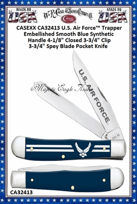 W.R. Case & Sons Cutlery CA32413 Case XX� U.S. Air Force� Trapper Embellished Smooth Blue Synthetic Handle 4-1/8" Closed 3-1/4" Clip 3-1/4" Spey Blade Pocket Knife