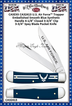 W.R. Case & Sons Cutlery CA32413 Case XX� U.S. Air Force� Trapper Embellished Smooth Blue Synthetic Handle 4-1/8" Closed 3-1/4" Clip 3-1/4" Spey Blade Pocket Knife