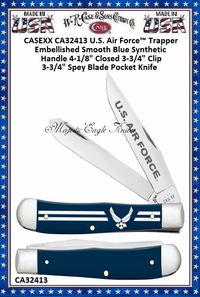 W.R. Case & Sons Cutlery CA32413 Case XX™ U.S. Air Force™ Trapper Embellished Smooth Blue Synthetic Handle 4-1/8" Closed 3-1/4" Clip 3-1/4" Spey Blade Pocket Knife W.R. Case & Sons Cutlery CA32413 Case XX™ U.S. Air Force™ Trapper Embellished Smooth Blue Synthetic Handle 4-1/8" Closed 3-1/4" Clip 3-1/4" Spey Blade Pocket Knife