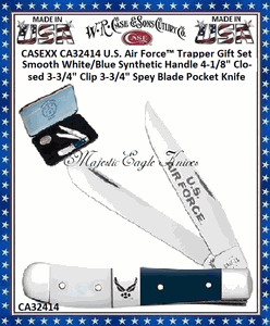 W.R. Case & Sons Cutlery CA32414 Case XX� U.S. Air Force� Trapper Embellished Smooth Blue Synthetic Handle 4-1/8" Closed 3-1/4" Clip 3-1/4" Spey Blade Pocket Knife Gift Set