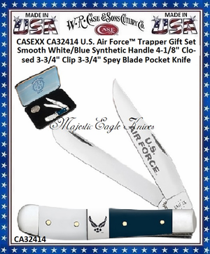 W.R. Case & Sons Cutlery CA32414 Case XX� U.S. Air Force� Trapper Embellished Smooth Blue Synthetic Handle 4-1/8" Closed 3-1/4" Clip 3-1/4" Spey Blade Pocket Knife Gift Set