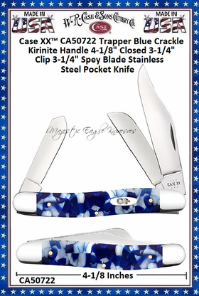 W.R. Case & Sons Cutlery CA50722 Case XX� Medium Stockman Blue Crackle Kirinite Handle 3-7/8" Closed 2-7/8" Clip 2-1/4" Sheepsfoot Coping 2" Spey Plain Blade Tru-Sharp Stainless Steel Pocket Knife