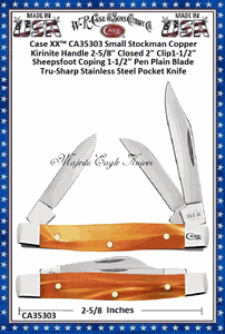  W.R. Case & Sons Cutlery CA35303 Case XX� Small Stockman Copper Kirinite Handle 2-5/8" Closed 2" Clip1-1/2" Sheepsfoot Coping 1-1/2" Pen Plain Blade Tru-Sharp Stainless Steel Pocket Knife