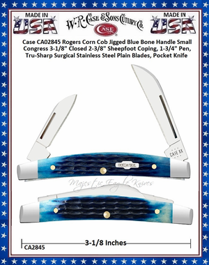 W.R. Case & Son's Cutlery CA02845 CASE XX� Small Congress Jigged Blue Bone Handle 3-1/8" Closed 2-3/8" Sheepfoot Coping blade and 1-3/4" Pen blade Stainless Pocket Knife