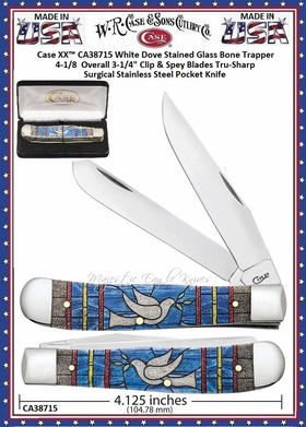 W.R. Case & Sons Cutlery CA38715 Case 4 1/8" Closed Stained Glass Dove Natural Bone Color Wash Clip & Spey Blades Large Trapper