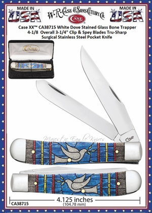 W.R. Case & Sons Cutlery CA38715 Case 4 1/8" Closed Stained Glass Dove Natural Bone Color Wash Clip & Spey Blades Large Trapper