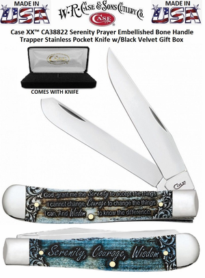 W.R. Case & Sons Cutlery CA38822 Case 4 1/8" Closed Stained Glass Serenity Prayer Natural Bone Color Wash Clip & Spey Blades Large Trapper Knife