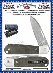 W.R. Case & Sons Cutlery CA42231 Case XX� Highbanks OD Green Canvas Micarta Handle 4" Closed 2-7/8" Stonewash Satin CPM 20CV Plain Blade Stainless Steel Pocket Knife 