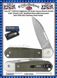 W.R. Case & Sons Cutlery CA42231 Case XX™ Highbanks OD Green Canvas Micarta Handle 4" Closed 2-7/8" Stonewash Satin CPM 20CV Plain Blade Stainless Steel Pocket Knife W.R. Case & Sons Cutlery CA42231 Case XX™ Highbanks OD Green Canvas Micarta Handle 4" Closed 2-7/8" Stonewash Satin CPM 20CV Plain Blade Stainless Steel Pocket Knife