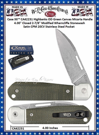 W.R. Case & Sons Cutlery CA42231 Case XX� Highbanks OD Green Canvas Micarta Handle 4" Closed 2-7/8" Stonewash Satin CPM 20CV Plain Blade Stainless Steel Pocket Knife 