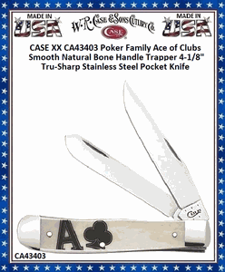 W.R. Case & Sons Cutlery CA43403 CASE XX Poker Family Ace of Clubs Smooth Natural Bone Handle Trapper 4-1/8" Tru-Sharp Stainless Steel Pocket Knife