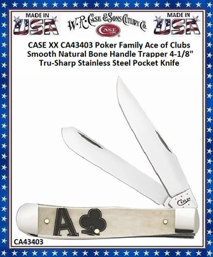 W.R. Case & Sons Cutlery CA43403 CASE XX Poker Family Ace of Clubs Smooth Natural Bone Handle Trapper 4-1/8" Tru-Sharp Stainless Steel Pocket Knife