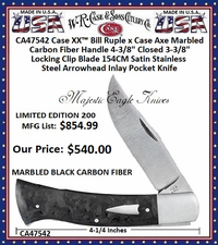 W.R. Case-Sons Cutlery CA47542 Case XX™ Bill Ruple x Case Axe Marbled Carbon Fiber Handle 4-3/8" Closed 3-3/8" W.R. Case-Sons Cutlery CA47542 Case XX™ Bill Ruple x Case Axe Marbled Carbon Fiber Handle 4-3/8" Closed 3-3/8"