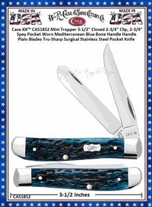 W.R. Case & Sons Cutlery CA51852 Case XX� Pocket Worn Peach Seed Mediterranean Blue Bone Handle Mini Trapper 3-1/2" Closed 2-3/4" Clip, 2-3/4" Spey Plain Blades Tru-Sharp Surgical Stainless Steel Pocket Knife