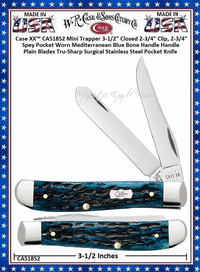 W.R. Case & Sons Cutlery CA51852 Case XX� Pocket Worn Peach Seed Mediterranean Blue Bone Handle Mini Trapper 3-1/2" Closed 2-3/4" Clip, 2-3/4" Spey Plain Blades Tru-Sharp Surgical Stainless Steel Pocket Knife