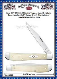 W.R. Case & Sons Cutlery CA13312 Case XX� Slimline Trapper Smooth Natural Bone Handle 4-1/8" Closed 3-1/4" Clip Stainless Steel Blades Pocket Knife 