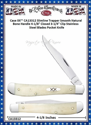 W.R. Case & Sons Cutlery CA13312 Case XX™ Slimline Trapper Smooth Natural Bone Handle 4-1/8" Closed 3-1/4" Clip Stainless Steel Blades Pocket Knife W.R. Case & Sons Cutlery CA13312 Case XX™ Slimline Trapper Smooth Natural Bone Handle 4-1/8" Closed 3-1/4" Clip Stainless Steel Blades Pocket Knife