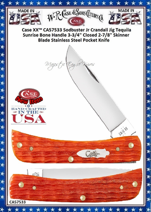 W.R. Case-Sons Cutlery CA57533 Case XX™ Sodbuster Jr Crandall Jig Tequila Sunrise Bone Handle 3-3/4" Closed 2-7/8" Skinner Blade Stainless Steel Pocket Knife W.R. Case-Sons Cutlery CA57533 Case XX™ Sodbuster Jr Crandall Jig Tequila Sunrise Bone Handle 3-3/4" Closed 2-7/8" Skinner Blade Stainless Steel Pocket Knife