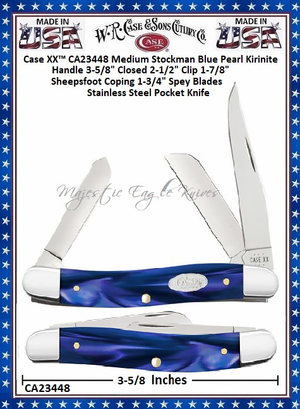 W.R. Case & Sons Cutlery CA23448 Case XX™ Medium Stockman Blue Pearl Kirinite Handle 3-5/8" Closed 2-1/2" Clip 1-7/8" Sheepsfoot Coping 1-3/4" Spey Blades Stainless Steel Pocket Knife W.R. Case & Sons Cutlery CA23448 Case XX™ Medium Stockman Blue Pearl Kirinite Handle 3-5/8" Closed 2-1/2" Clip 1-7/8" Sheepsfoot Coping 1-3/4" Spey Blades Stainless Steel Pocket Knife