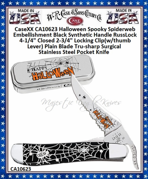 W.R. Case & Sons Cutlery CA10623 CaseXX Halloween Spooky Spiderweb Embellishment Black Synthetic Handle RussLock 4-1/4" Closed 2-3/4" Locking Clip(w/thumb Lever) Plain Blade Tru-sharp Surgical Stainless Steel Pocket Knife W.R. Case & Sons Cutlery CA10623 CaseXX Halloween Spooky Spiderweb Embellishment Black Synthetic Handle RussLock 4-1/4" Closed 2-3/4" Locking Clip(w/thumb Lever) Plain Blade Tru-sharp Surgical Stainless Steel Pocket Knife
