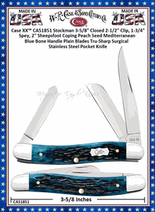 W.R. Case & Sons Cutlery CA51851 Case XX� Pocket Worn Peach Seed Mediterranean Blue Bone Handle Stockman 3-5/8" Closed 2-1/2" Clip, 1-3/4" Spey, 2" Sheepsfoot Coping Plain Blades Tru-Sharp Surgical Stainless Steel Pocket Knife