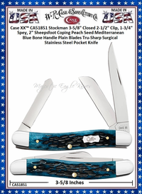 W.R. Case & Sons Cutlery CA51851 Case XX� Pocket Worn Peach Seed Mediterranean Blue Bone Handle Stockman 3-5/8" Closed 2-1/2" Clip, 1-3/4" Spey, 2" Sheepsfoot Coping Plain Blades Tru-Sharp Surgical Stainless Steel Pocket Knife