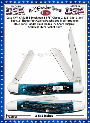 W.R. Case & Sons Cutlery CA51851 Case XX� Pocket Worn Peach Seed Mediterranean Blue Bone Handle Stockman 3-5/8" Closed 2-1/2" Clip, 1-3/4" Spey, 2" Sheepsfoot Coping Plain Blades Tru-Sharp Surgical Stainless Steel Pocket Knife