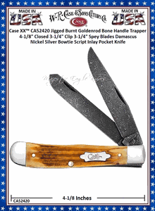 W.R. Case & Sons Cutlery CA52420 Case XX� Jigged Burnt Goldenrod Bone Handle Trapper 4-1/8" Closed 3-1/4" Clip 3-1/4" Spey Blades Damascus Nickel Silver Bowtie Script Inlay Pocket Knife