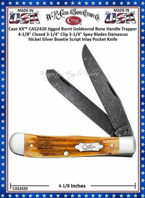 W.R. Case & Sons Cutlery CA52420 Case XX� Jigged Burnt Goldenrod Bone Handle Trapper 4-1/8" Closed 3-1/4" Clip 3-1/4" Spey Blades Damascus Nickel Silver Bowtie Script Inlay Pocket Knife