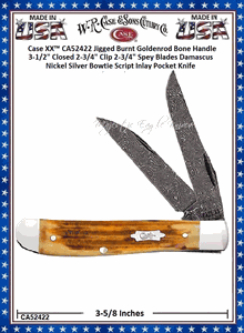 W.R. Case & Sons Cutlery CA52422 Case XX� Jigged Burnt Goldenrod Bone Handle 3-1/2" Closed 2-3/4" Clip 2-3/4" Spey Blades Damascus Nickel Silver Bowtie Script Inlay Pocket Knife